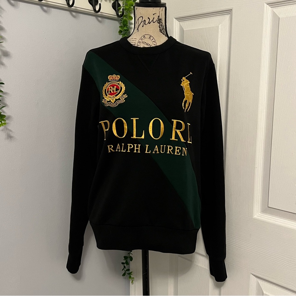 Ralph Lauren Men's Sweater in Black and Green with Gold Accents SOLD